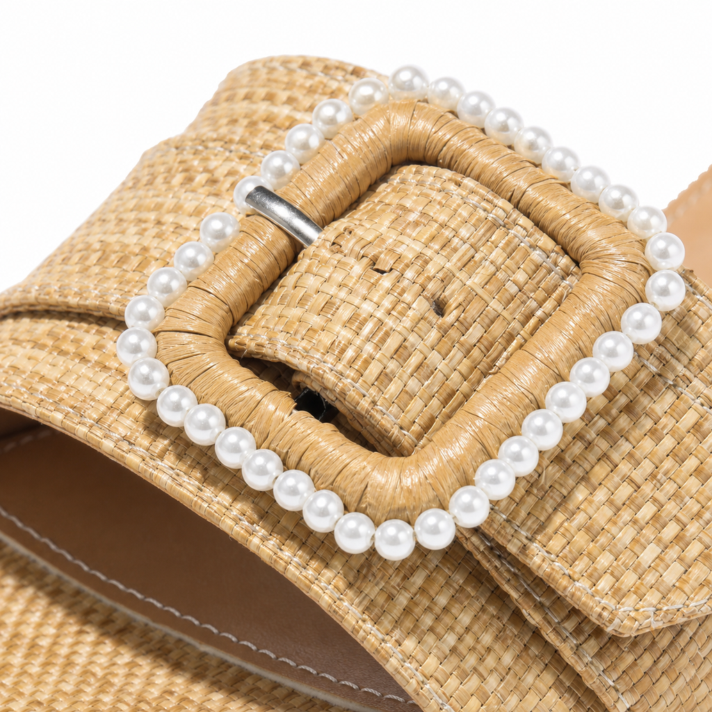 Rich Brown Calvi Buckle Raffia Sandals close-up detail