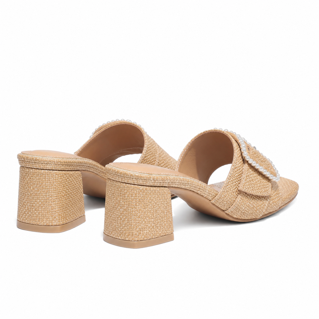 Rich Brown Calvi Buckle Raffia Sandals heel detail
