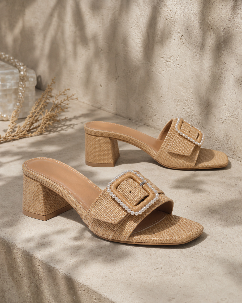 Rich Brown Calvi Buckle Raffia Sandals styled scene