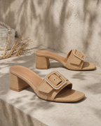 Rich Brown Calvi Buckle Raffia Sandals styled scene