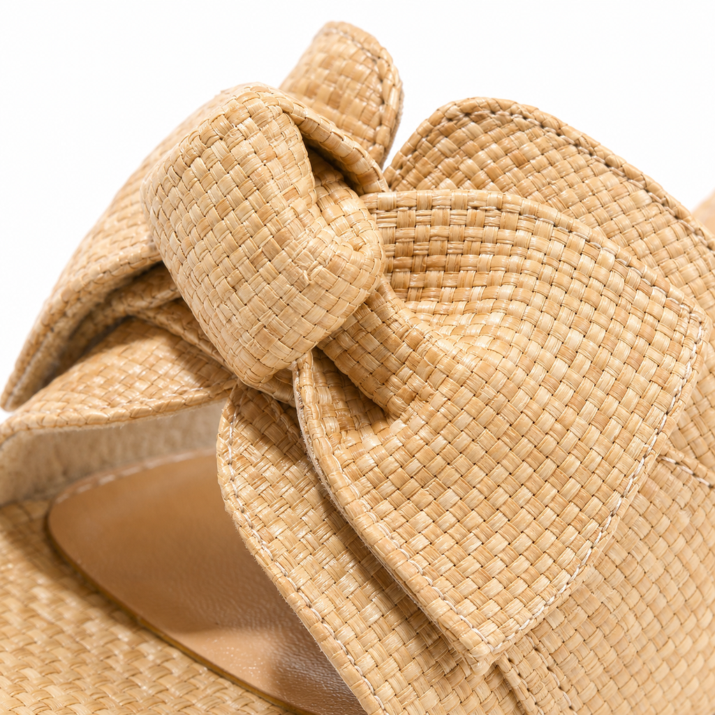 Rich Brown Cefalu Bow Raffia Mules close-up detail