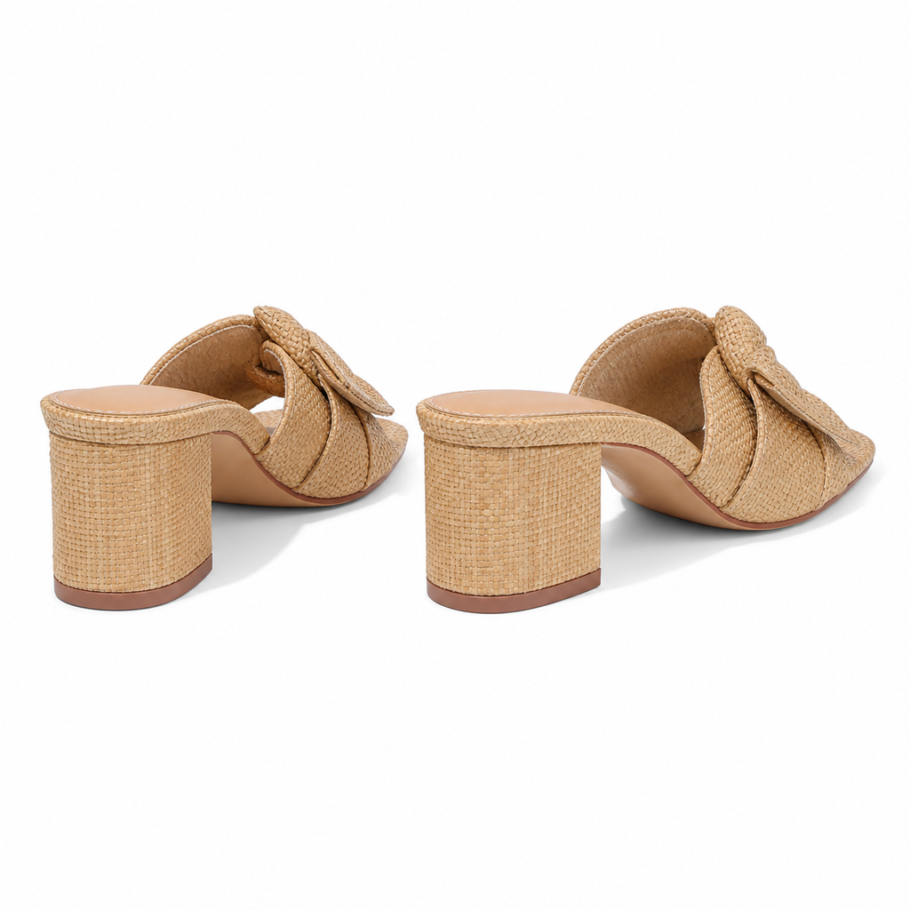 Rich Brown Cefalu Bow Raffia Mules heel detail