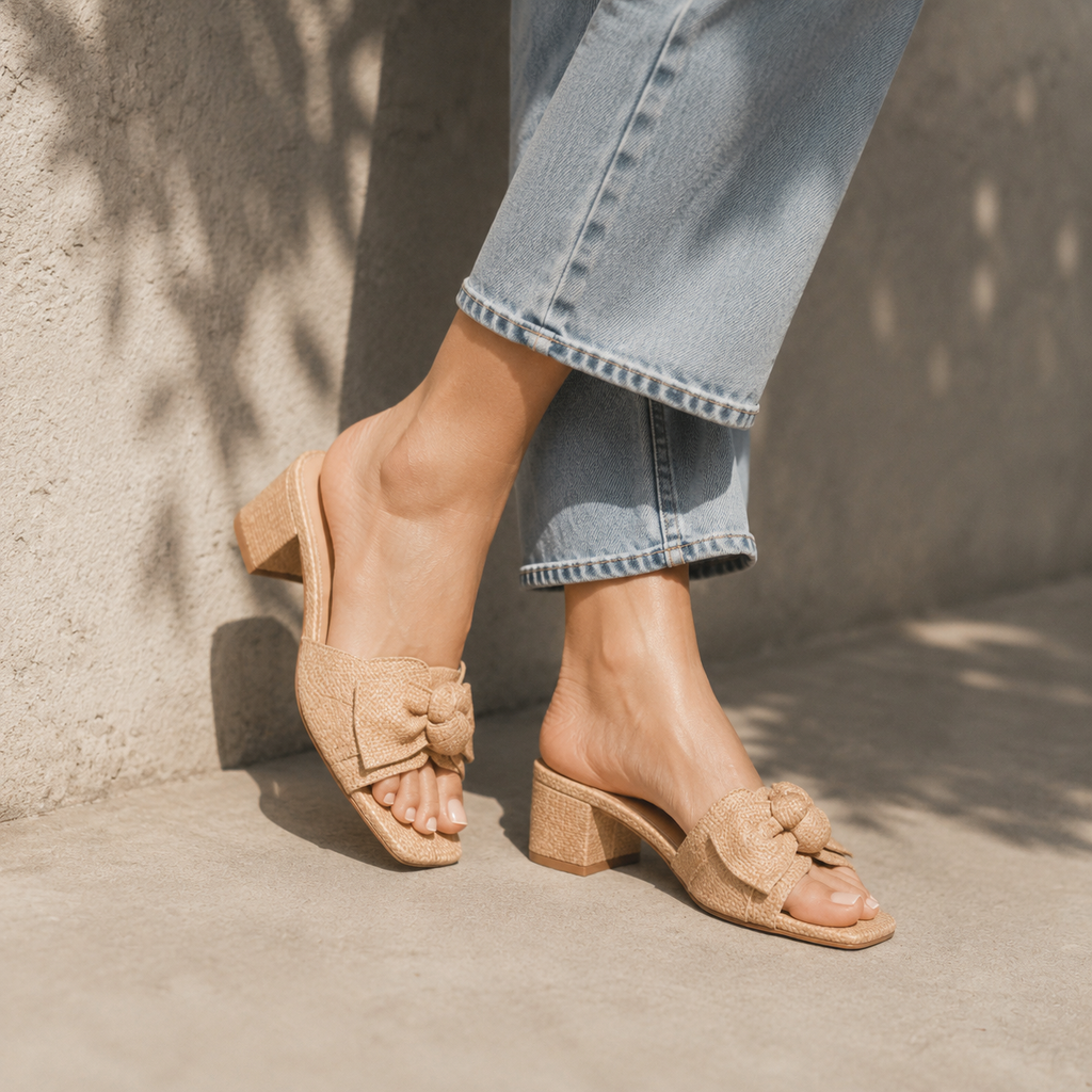 Rich Brown Cefalu Bow Raffia Mules on-foot view