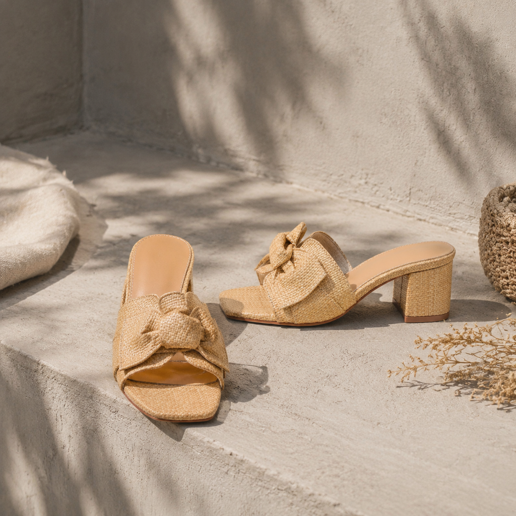 Rich Brown Cefalu Bow Raffia Mules styled scene