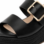 Deep Black Federica Straw Platform Sandals close-up detail