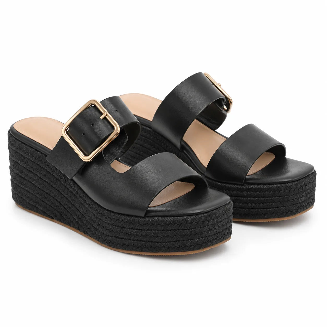 Deep Black Federica Straw Platform Sandals