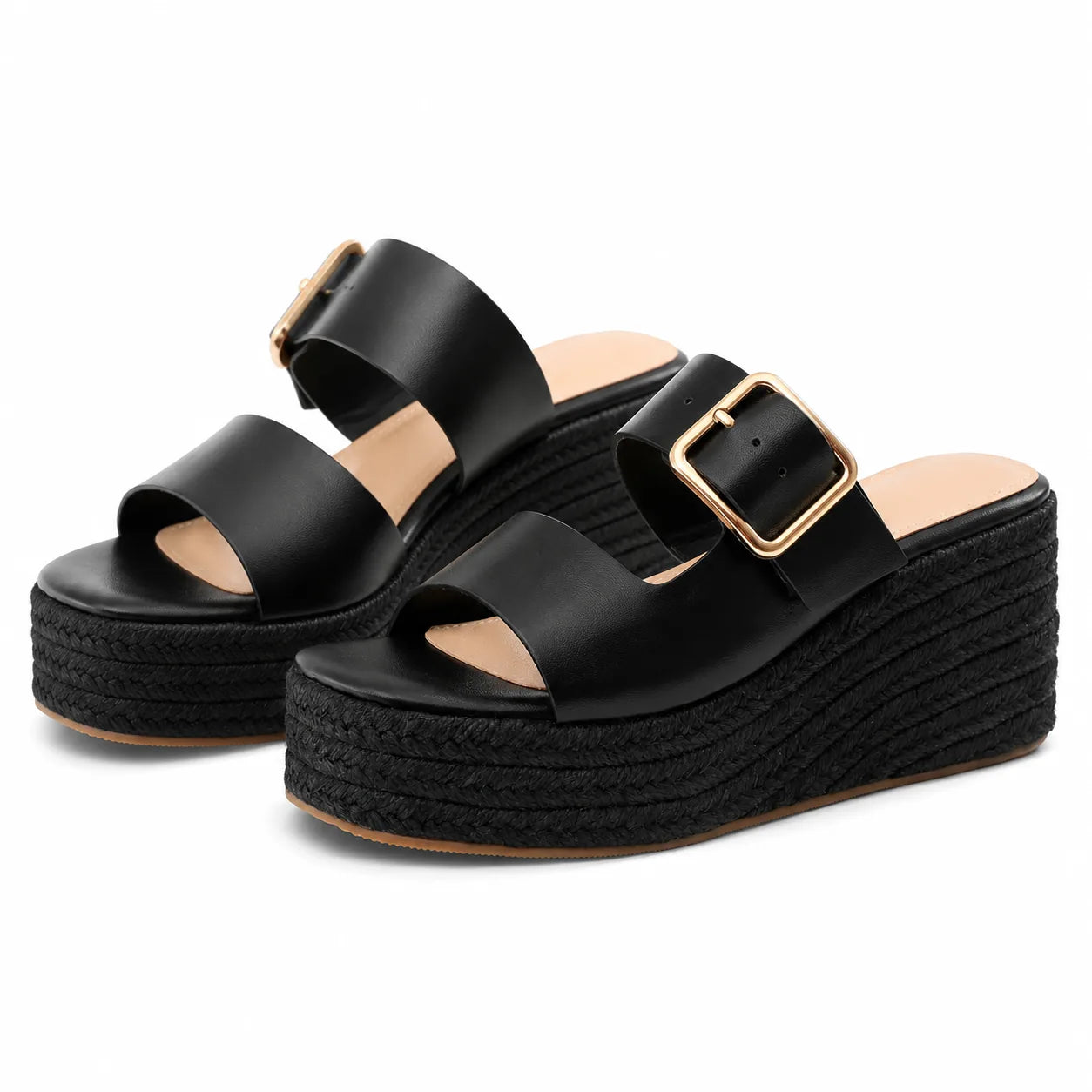 Deep Black Federica Straw Platform Sandals