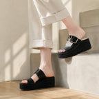 Deep Black Federica Straw Platform Sandals on-foot view