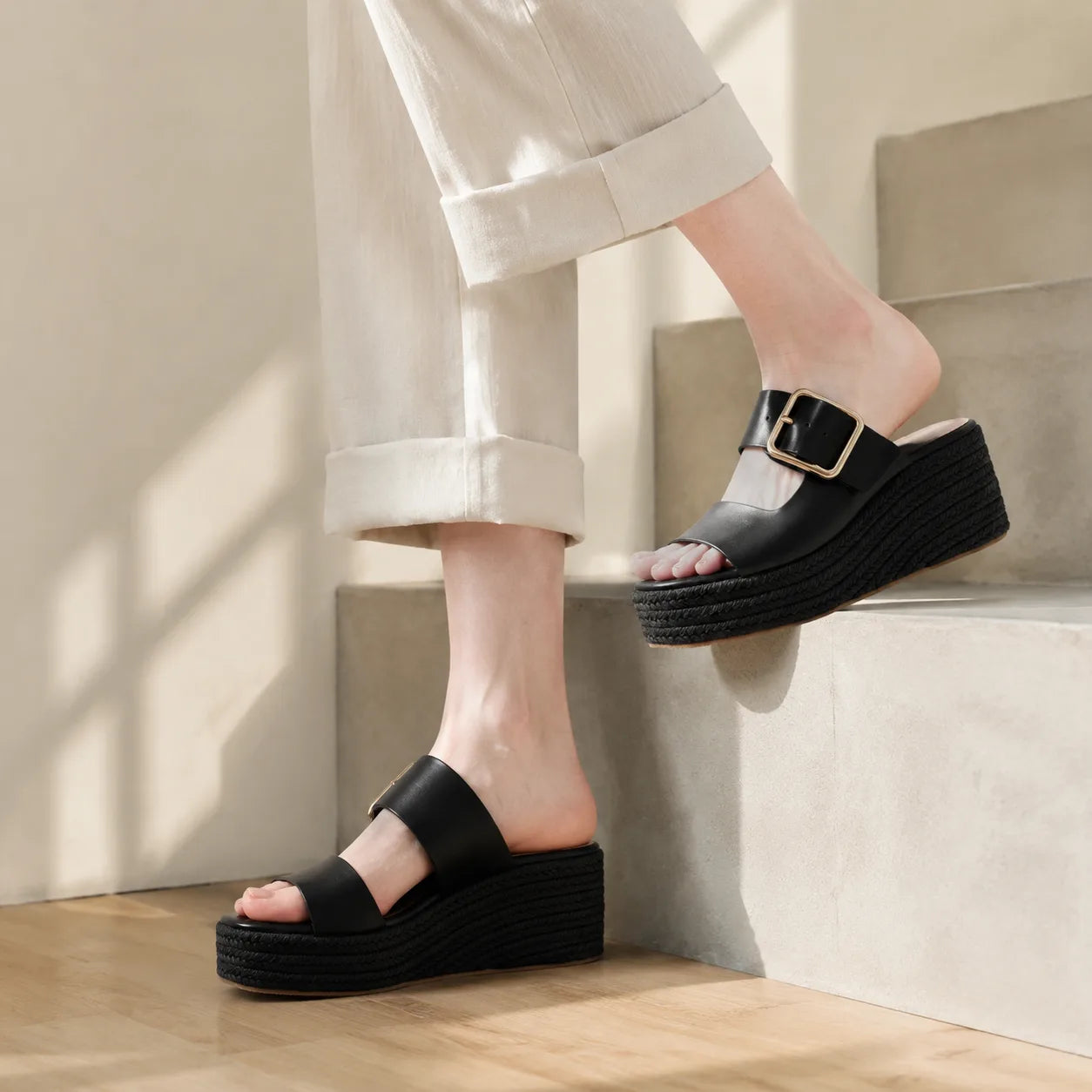 Deep Black Federica Straw Platform Sandals on-foot view