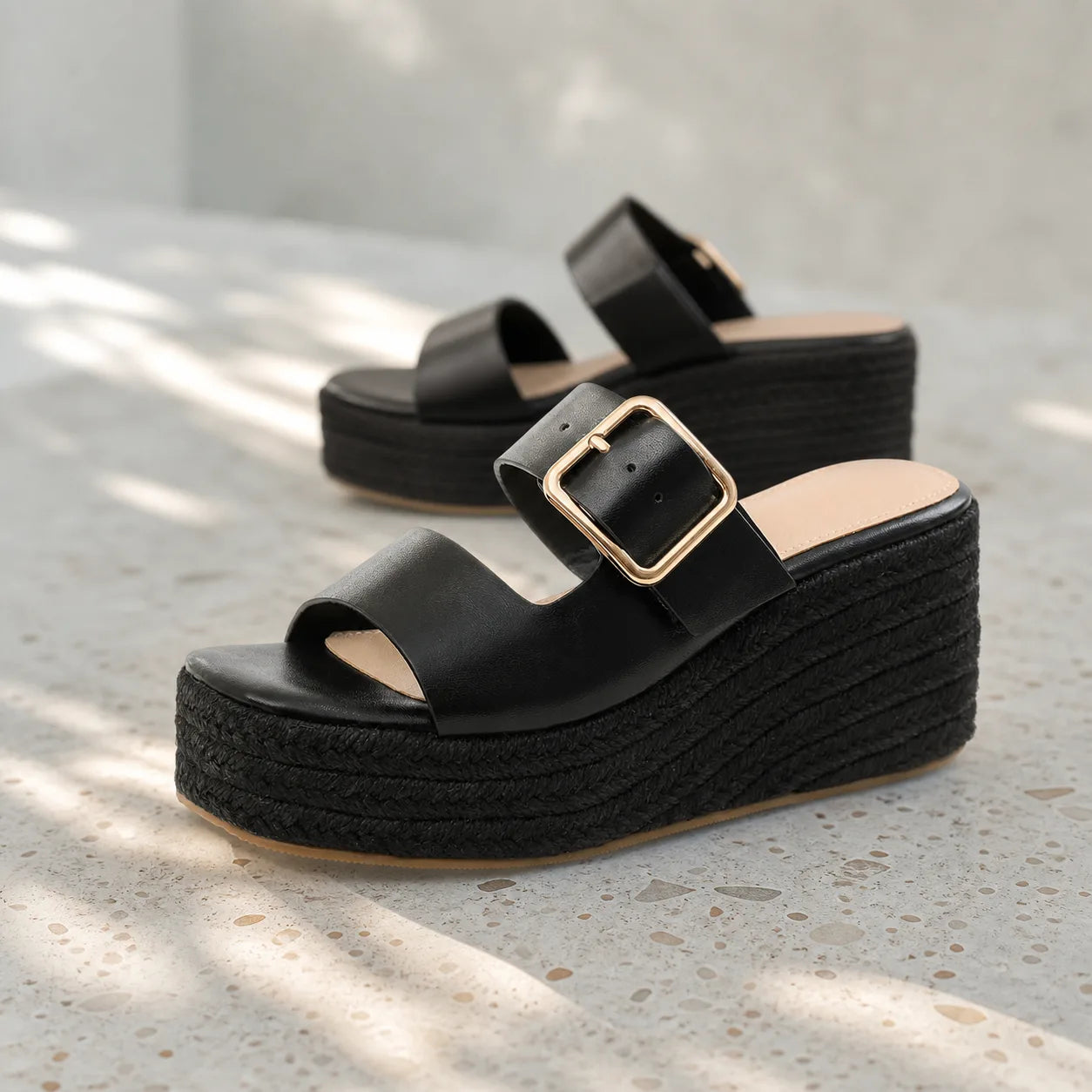 Deep Black Federica Straw Platform Sandals styled scene