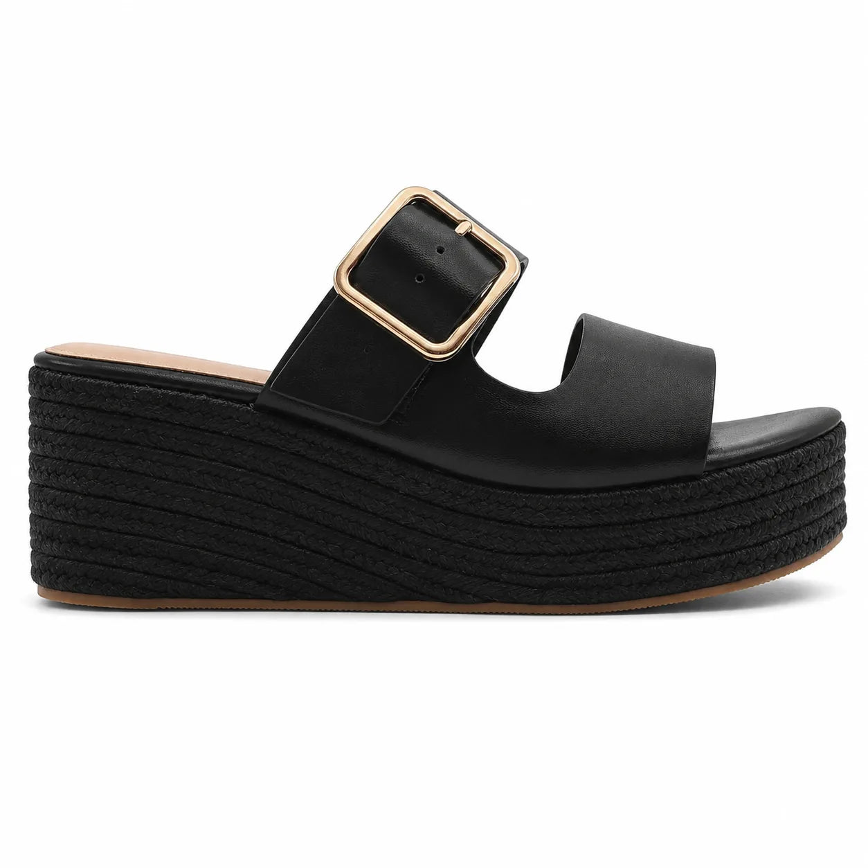 Deep Black Federica Straw Platform Sandals side view