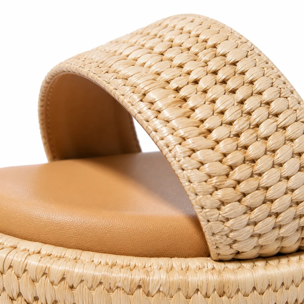 Rich Brown Halki Raffia Multi-Strap Slides close-up detail