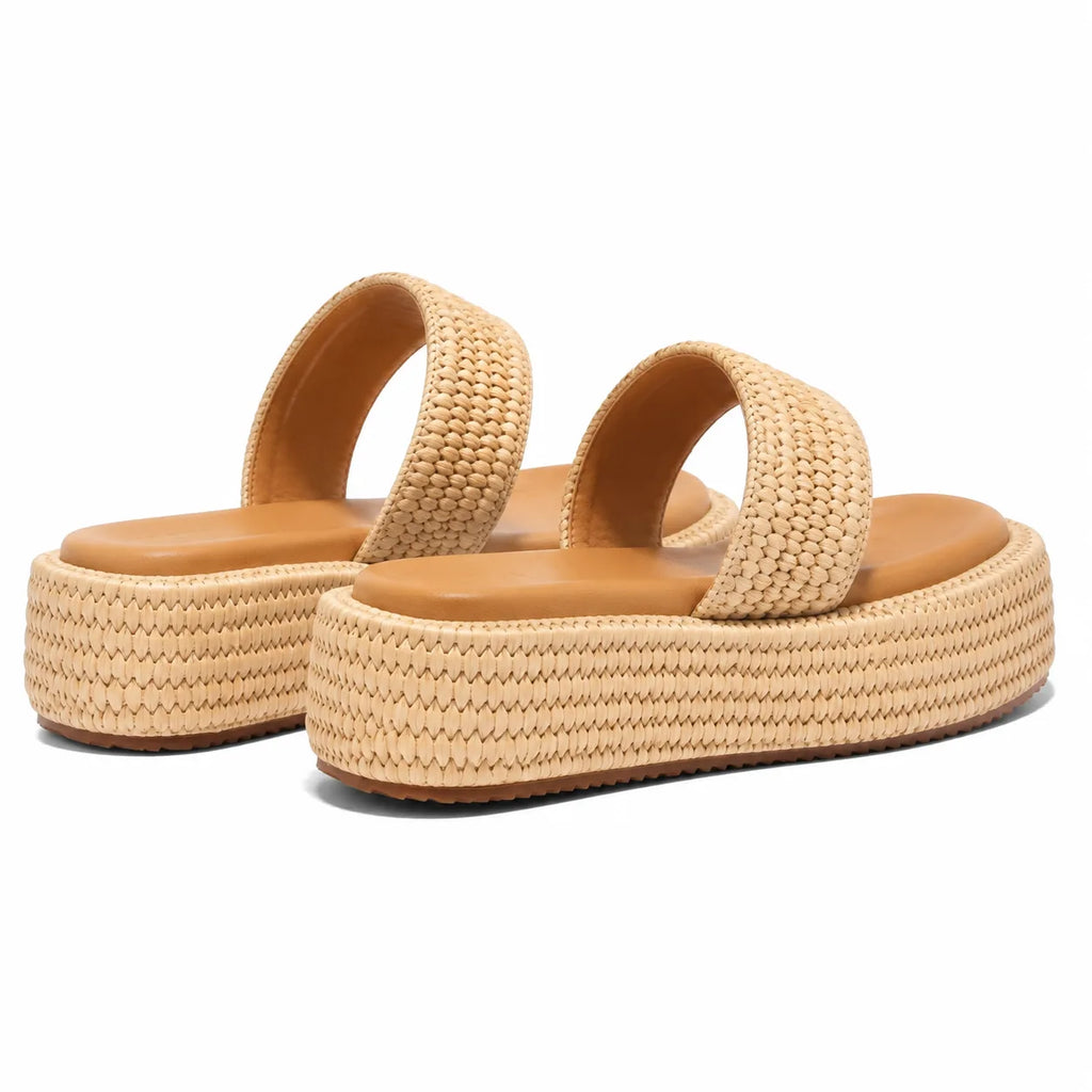 Rich Brown Halki Raffia Multi-Strap Slides heel detail