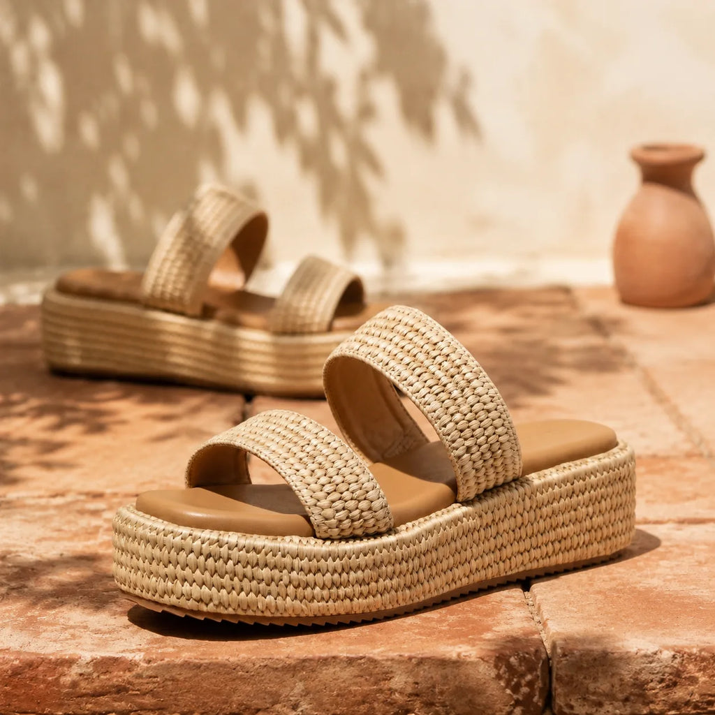 Rich Brown Halki Raffia Multi-Strap Slides styled scene