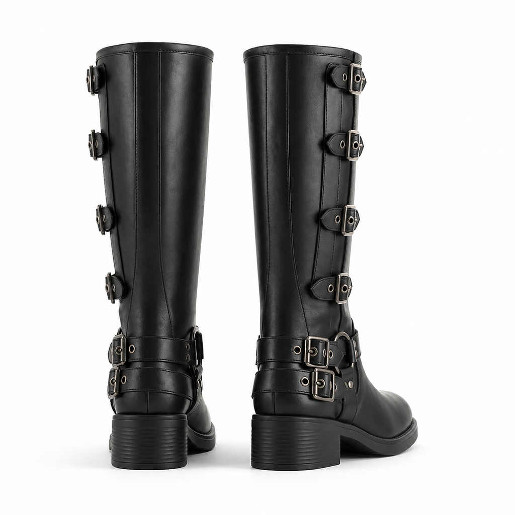 Deep Black Tinos Buckle Knee-High Boots heel detail