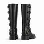 Deep Black Tinos Buckle Knee-High Boots heel detail