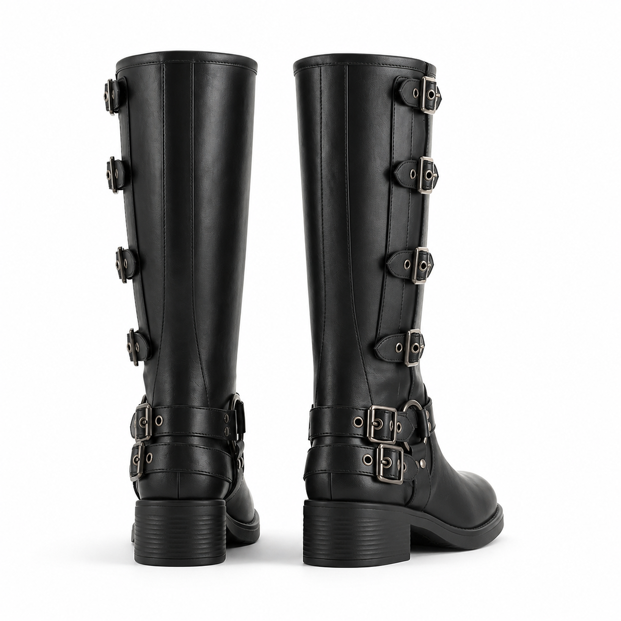 Deep Black Tinos Buckle Knee-High Boots heel detail