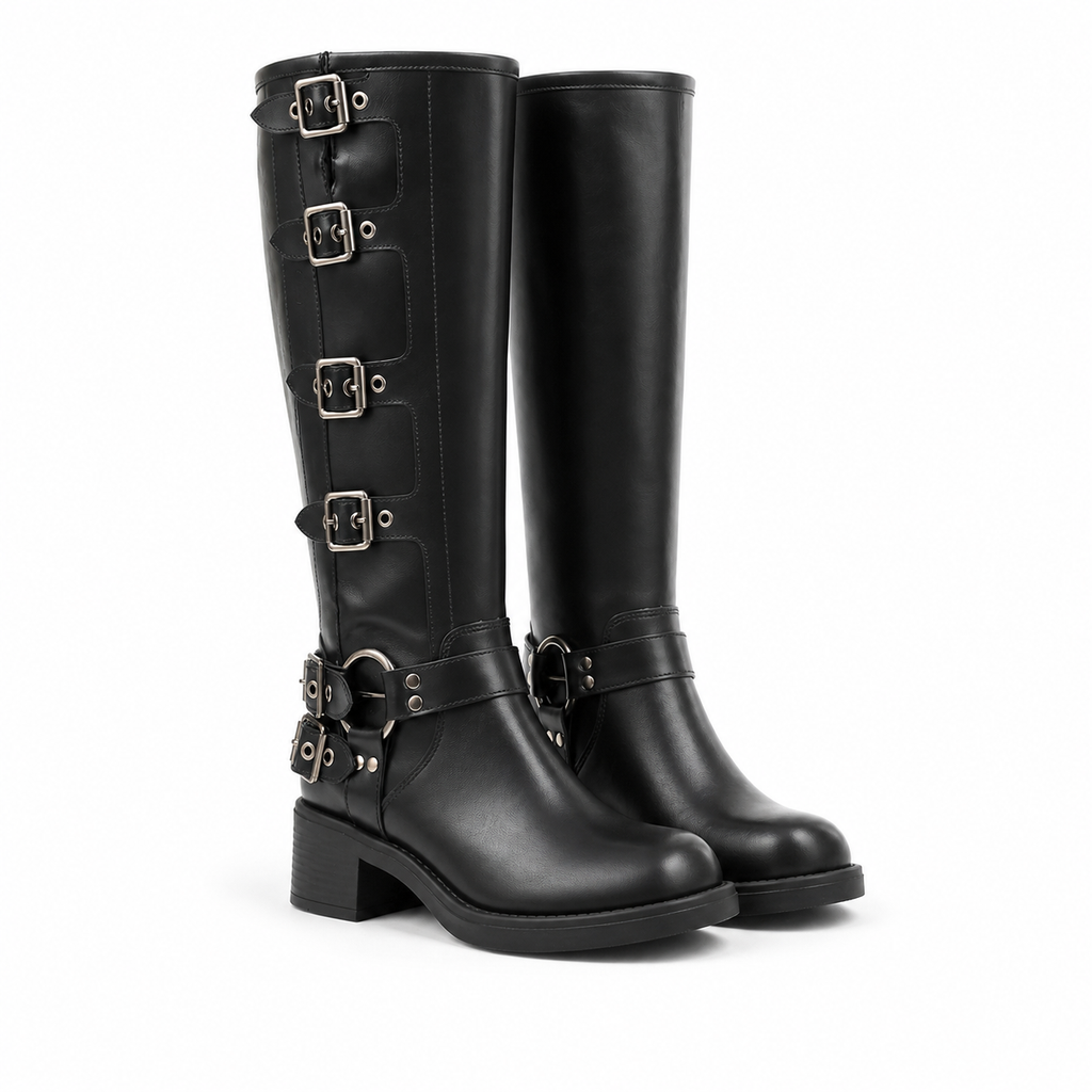 Deep Black Tinos Buckle Knee-High Boots