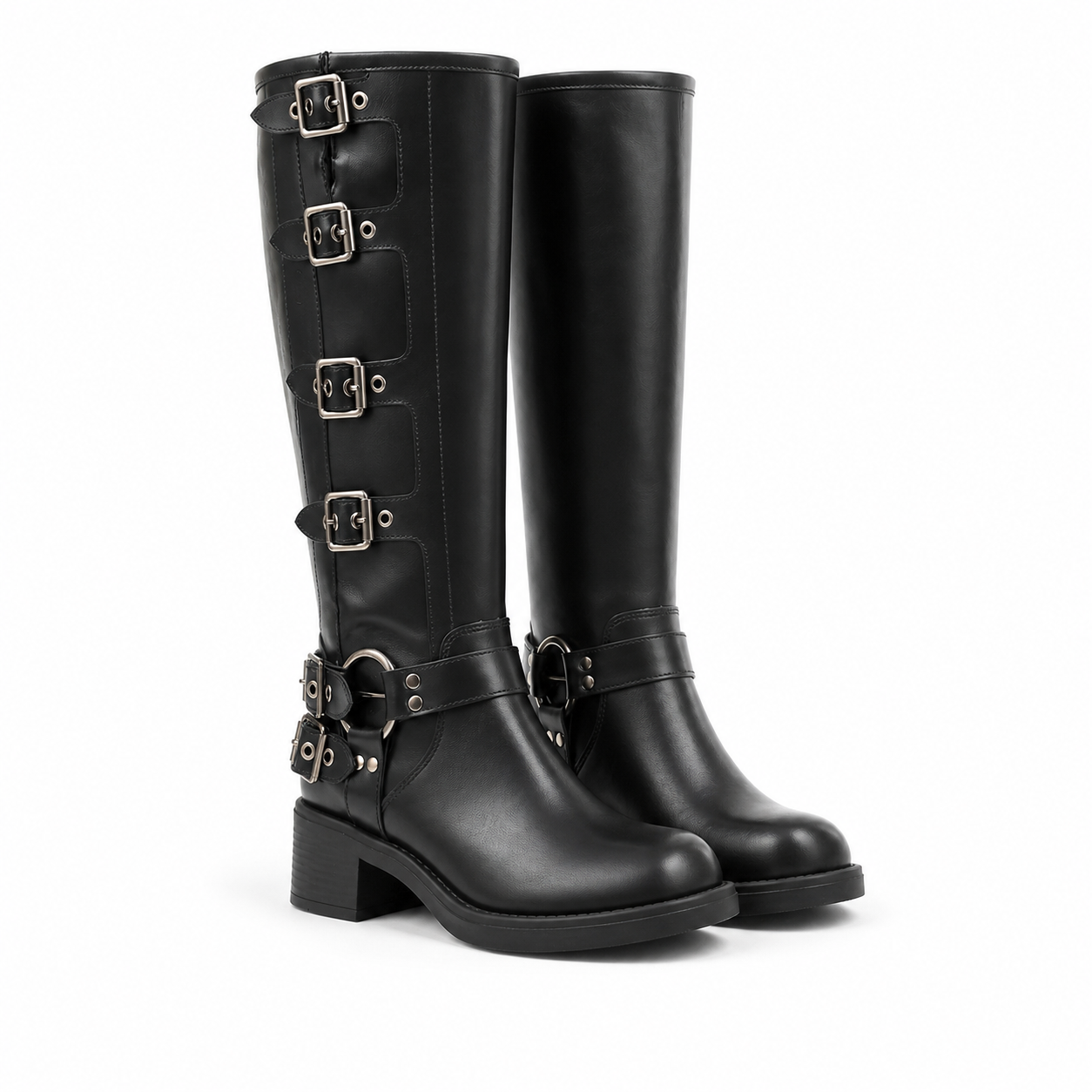 Deep Black Tinos Buckle Knee-High Boots