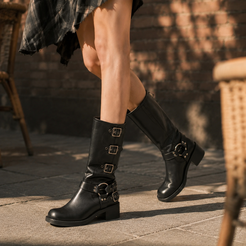Deep Black Tinos Buckle Knee-High Boots on-foot view