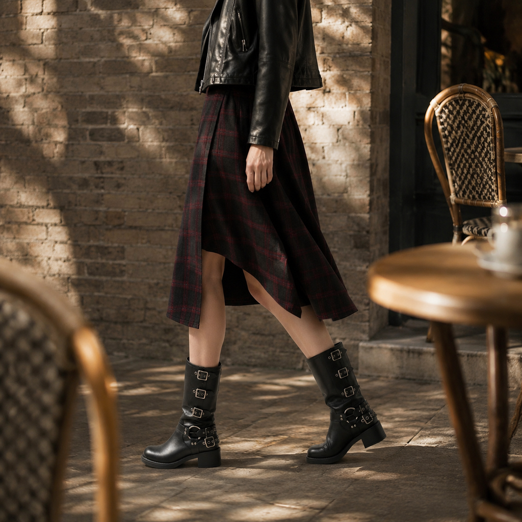 Deep Black Tinos Buckle Knee-High Boots lifestyle scene
