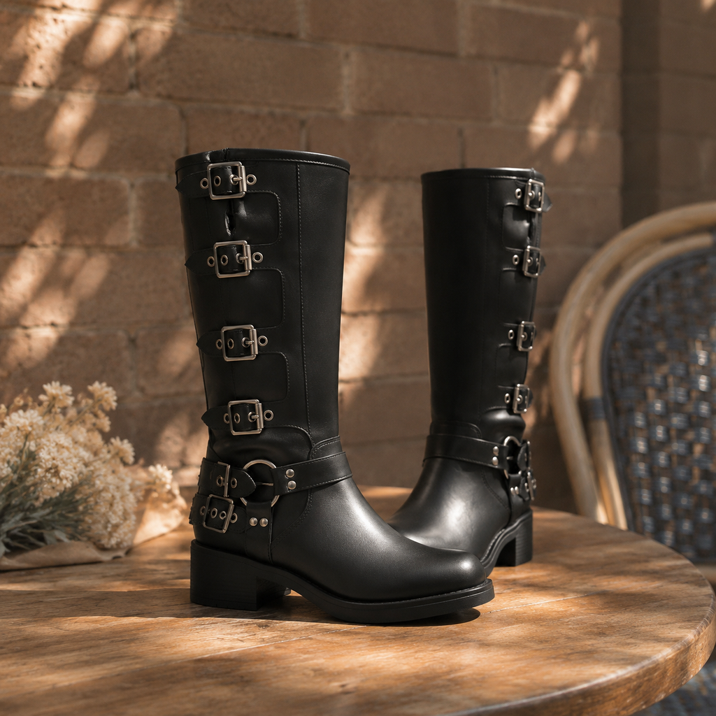 Deep Black Tinos Buckle Knee-High Boots styled scene
