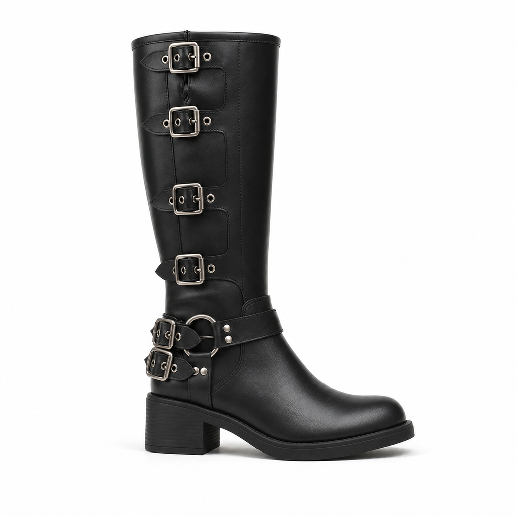 Deep Black Tinos Buckle Knee-High Boots side view
