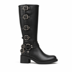 Deep Black Tinos Buckle Knee-High Boots side view