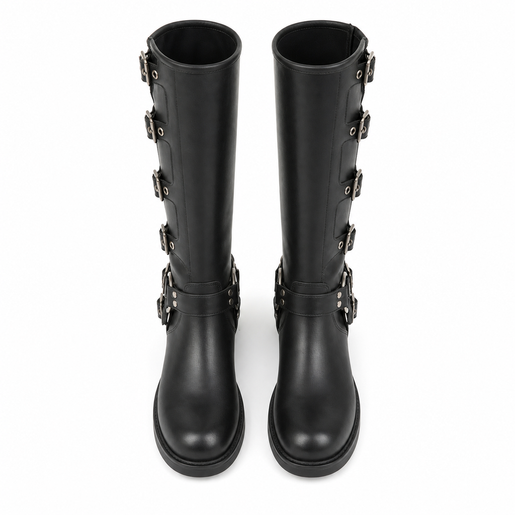 Deep Black Tinos Buckle Knee-High Boots top view