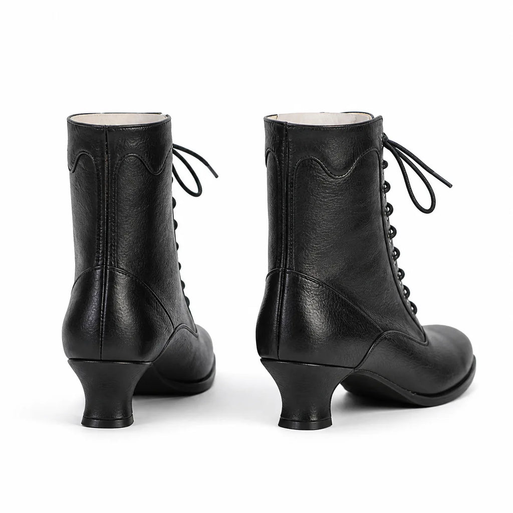 Deep Black Mirella Leather Block-Heel Boots heel detail