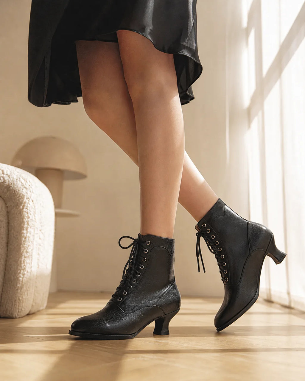 Deep Black Mirella Leather Block-Heel Boots on-foot view