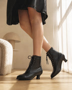 Deep Black Mirella Leather Block-Heel Boots on-foot view