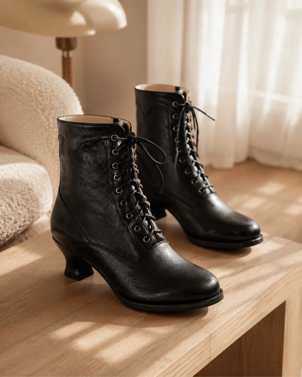 Deep Black Mirella Leather Block-Heel Boots styled scene