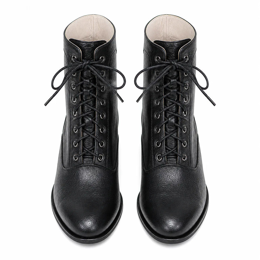Deep Black Mirella Leather Block-Heel Boots top view
