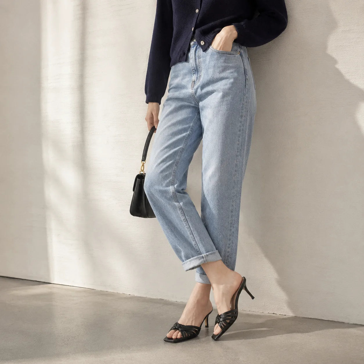 Deep Black Tiziana Leather Thin-Heel Sandals lifestyle scene