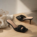 Deep Black Tiziana Leather Thin-Heel Sandals styled scene