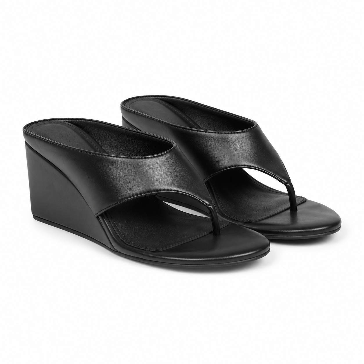 Deep Black Carlotta Leather Wedge Thong Sandals