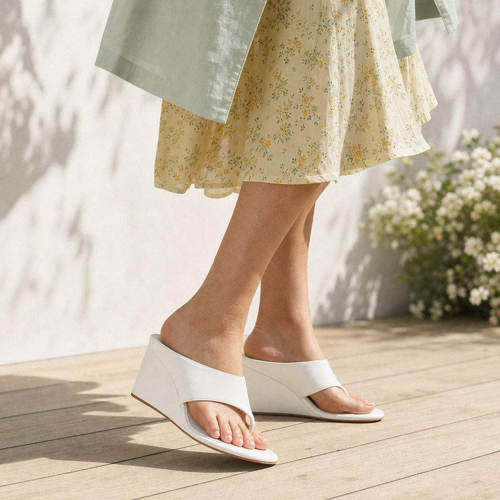 Cream Ivory Carlotta Leather Wedge Thong Sandals on-foot view