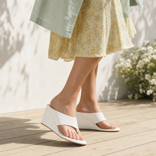 Cream Ivory Carlotta Leather Wedge Thong Sandals on-foot view