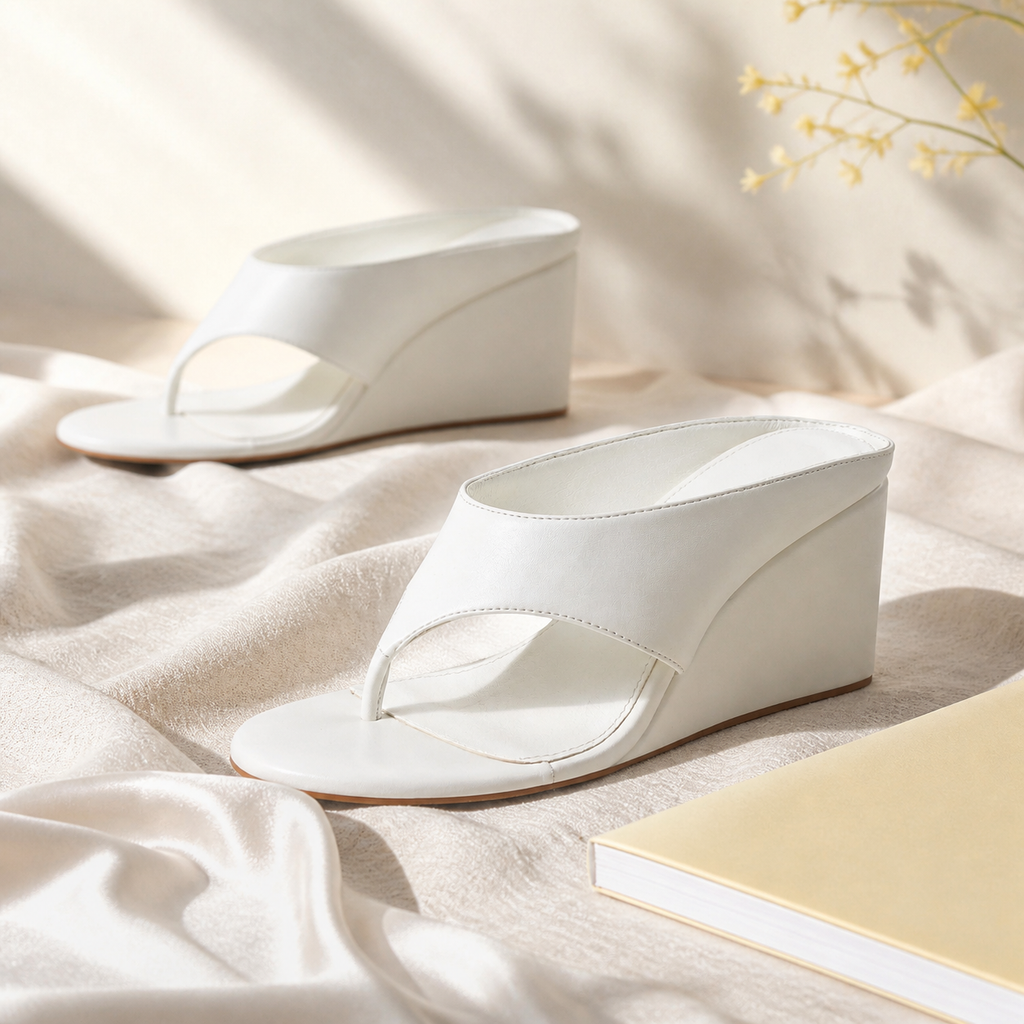 Cream Ivory Carlotta Leather Wedge Thong Sandals styled scene