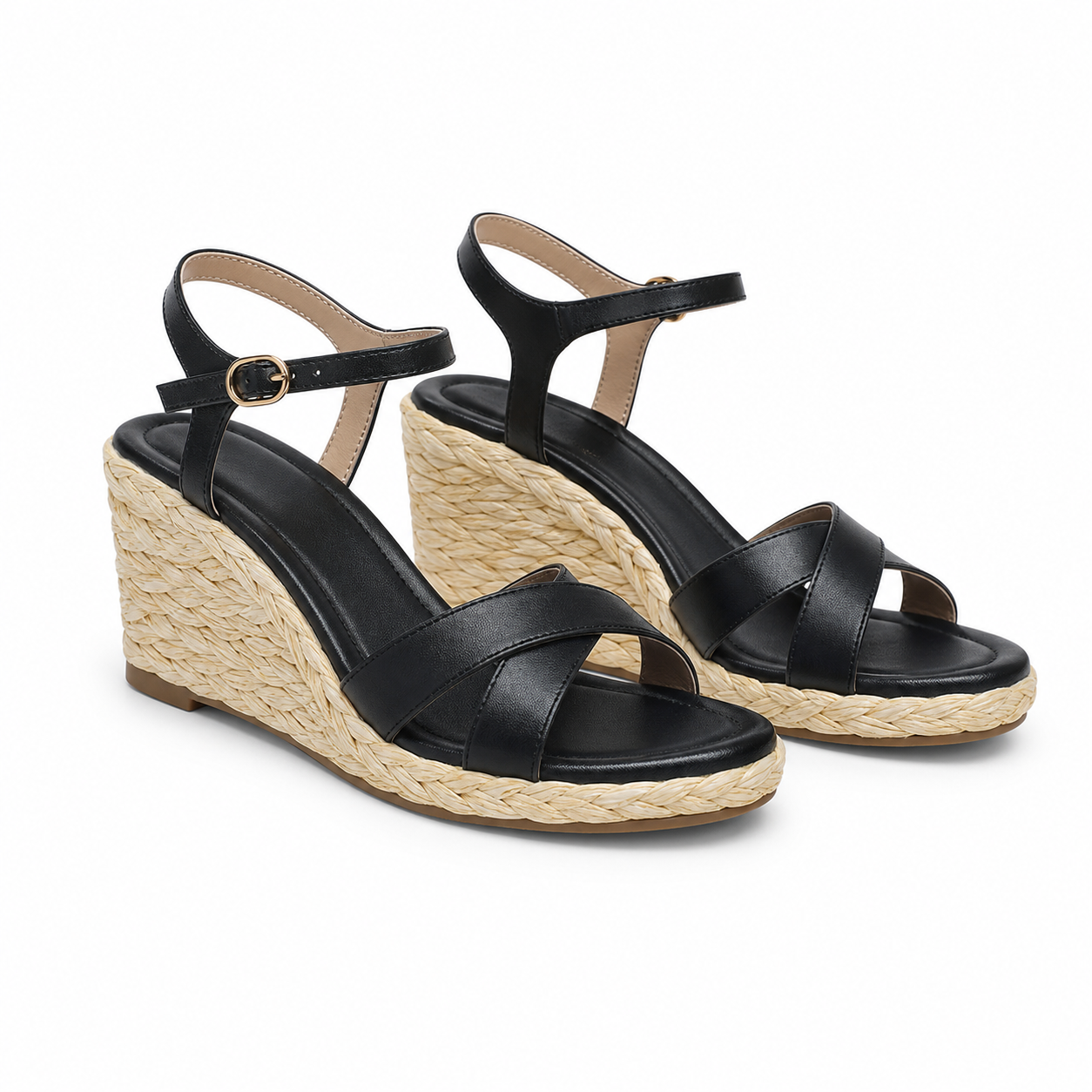 Deep Black Eleonora Leather Wedge Sandals