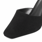Black Suede Lucilla Suede Thin-Heel Mules close-up detail