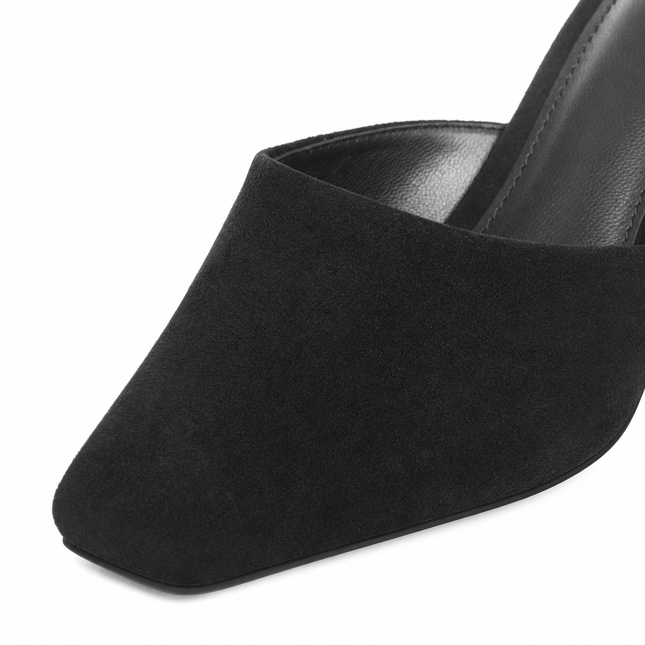 Black Suede Lucilla Suede Thin-Heel Mules close-up detail
