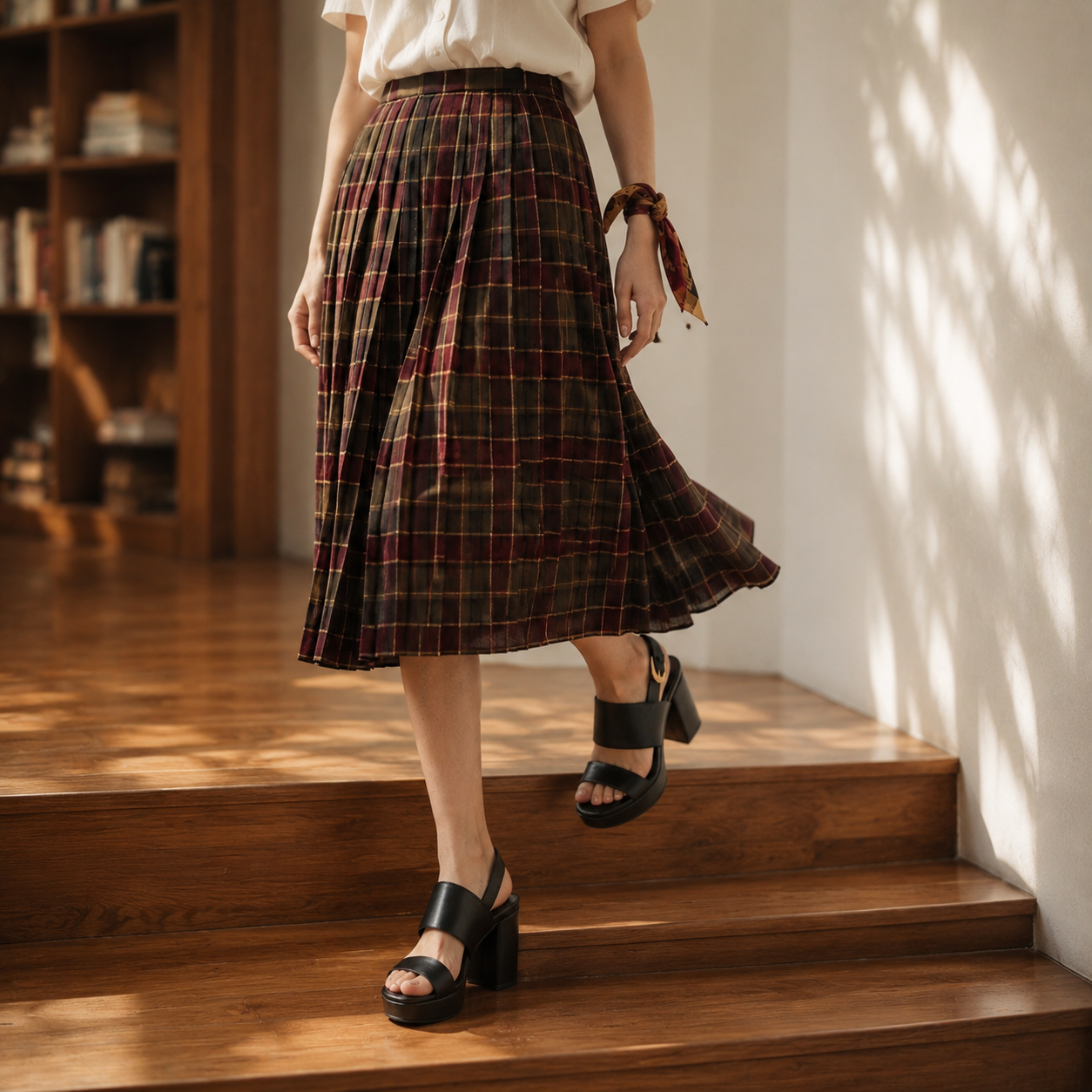 Deep Black Fabia Leather Wedge Sandals lifestyle scene