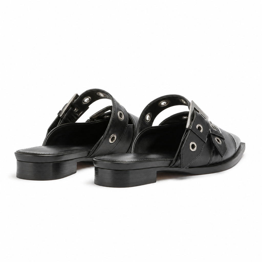 Deep Black Rufina Patent Leather Mules heel detail