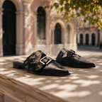 Deep Black Rufina Patent Leather Mules styled scene