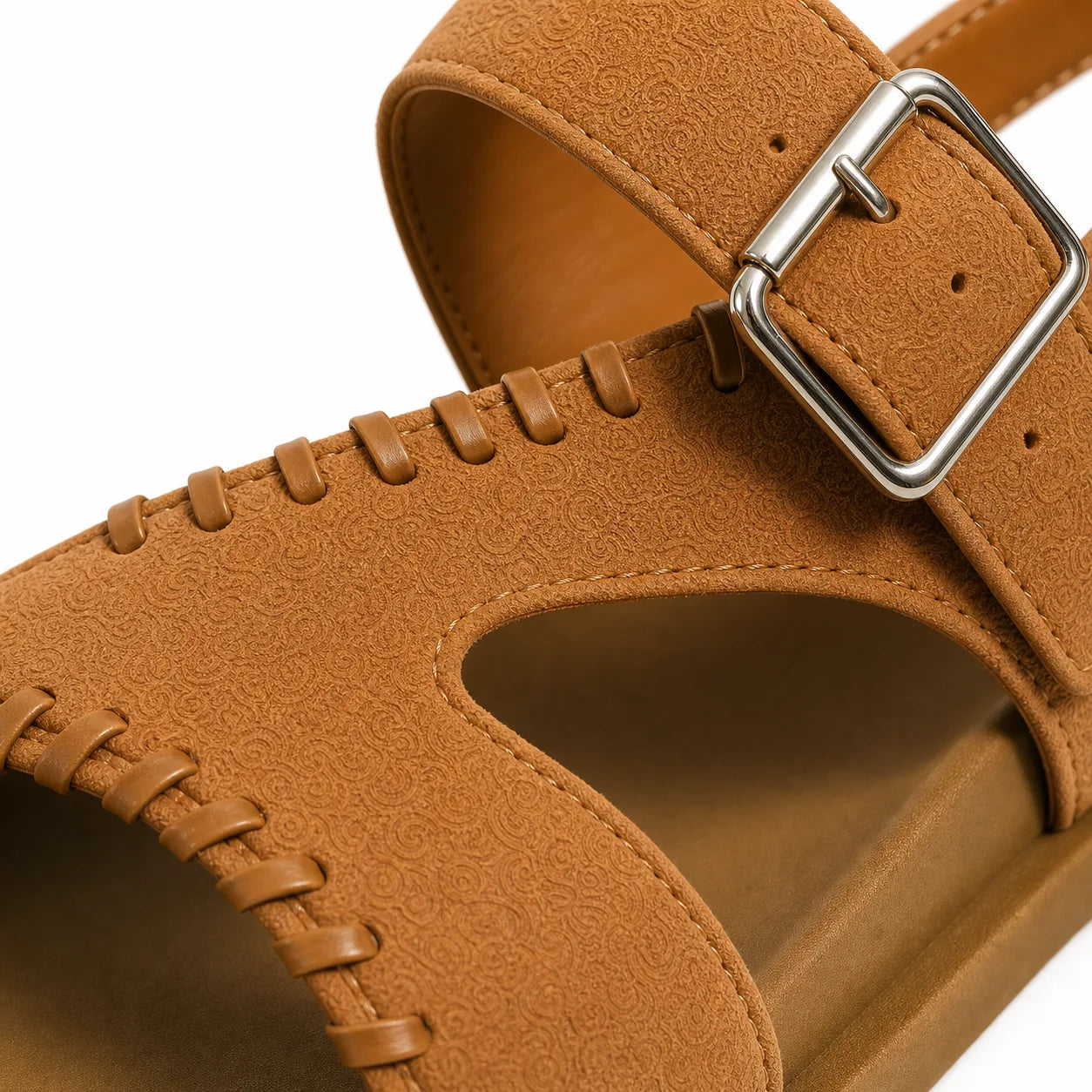 Rich Brown Rosanna Leather T-Strap Sandals close-up detail