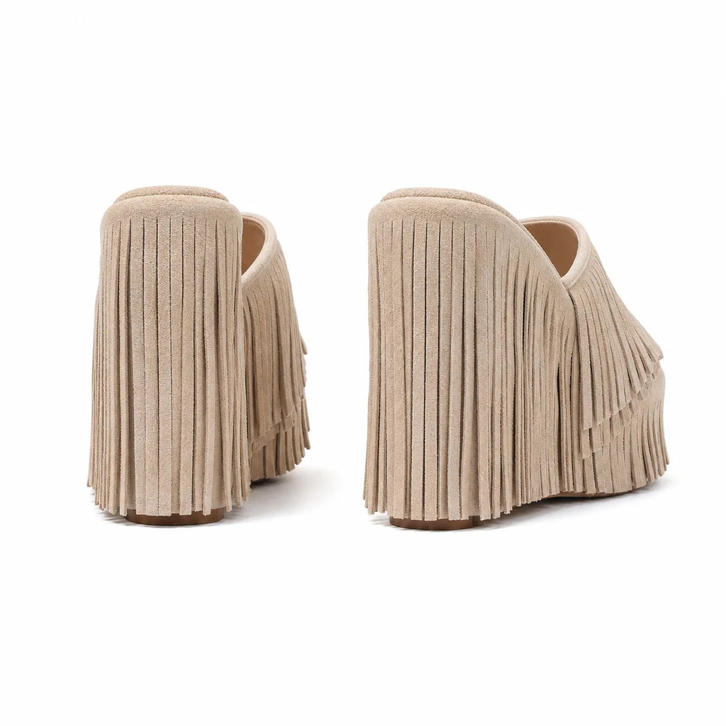 Soft Apricot Palestrina Microfiber Platform Mules heel detail