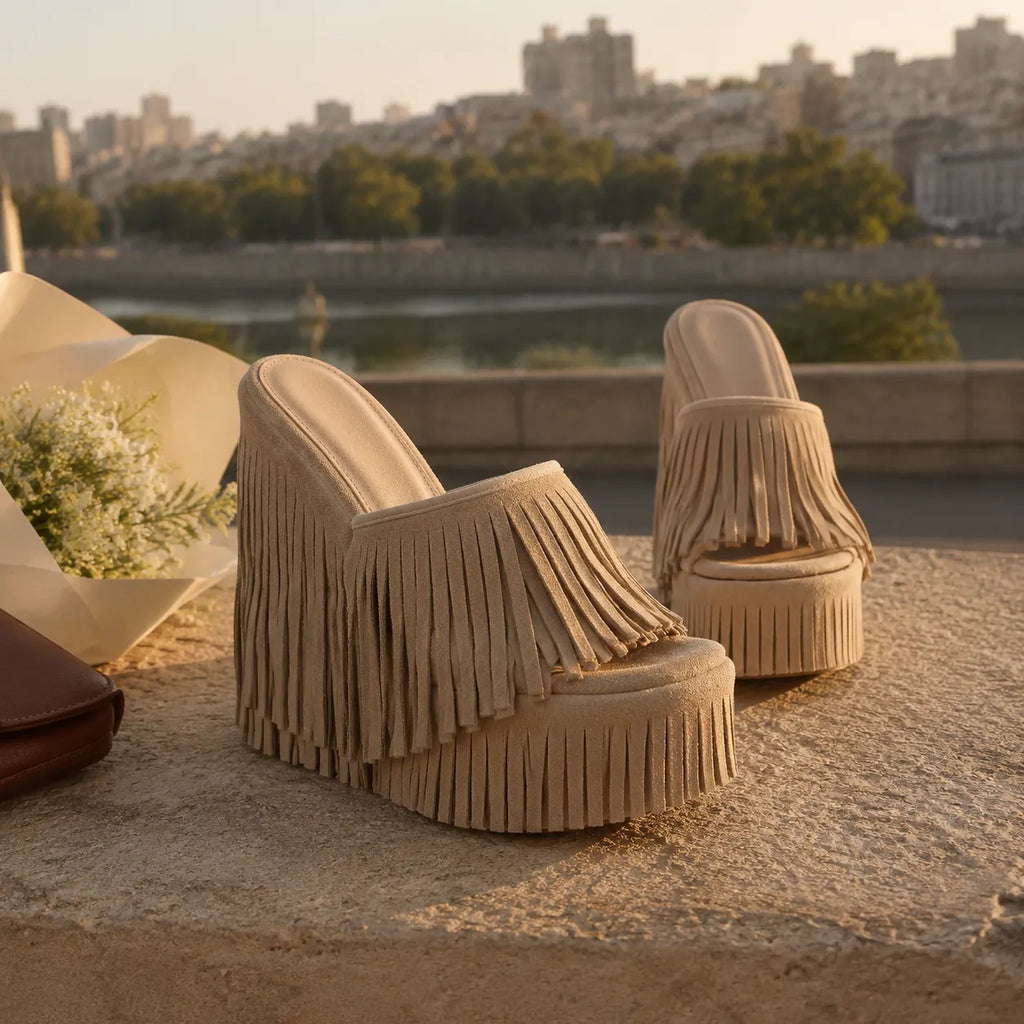 Soft Apricot Palestrina Microfiber Platform Mules styled scene