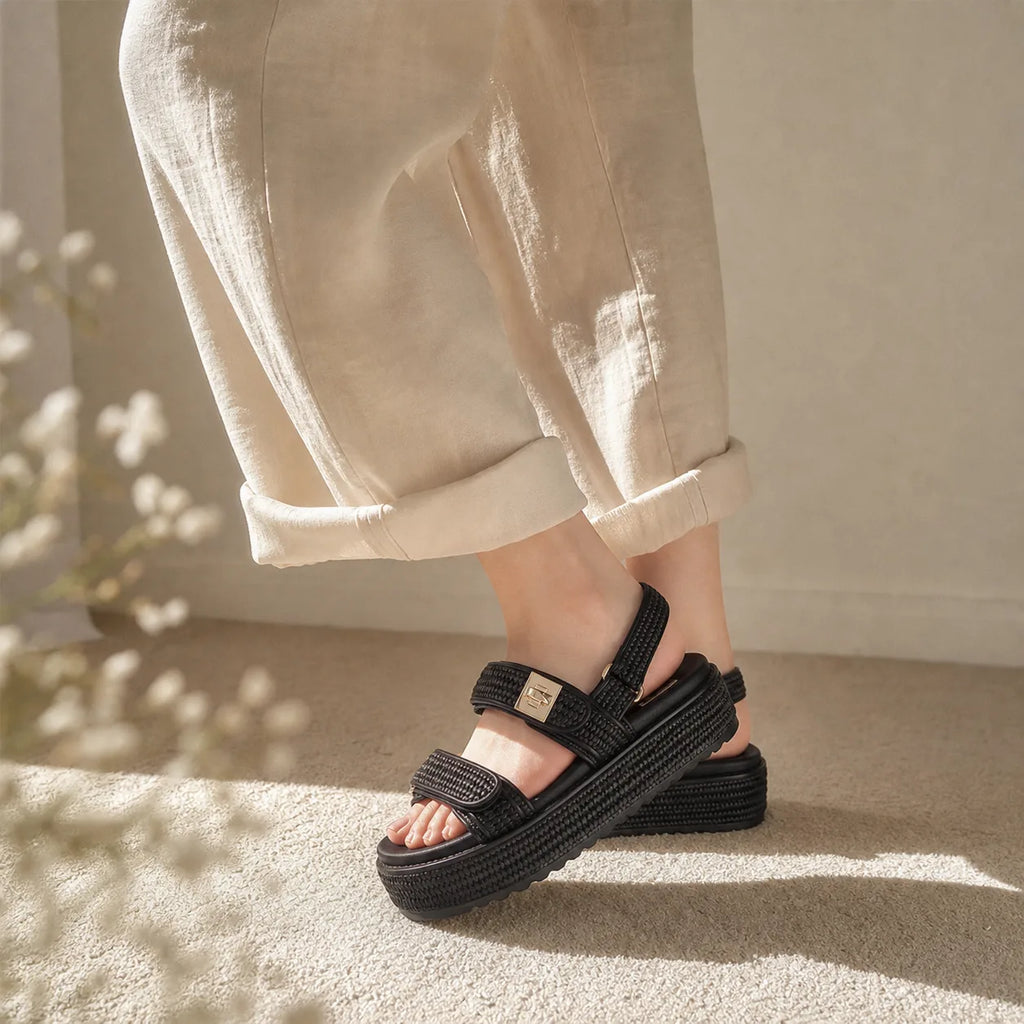 Deep Black Nerina Raffia Gladiator Sandals on-foot view